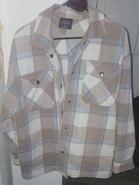 Plaid Button-Up Shacket in Beige, Cream & Light Blue